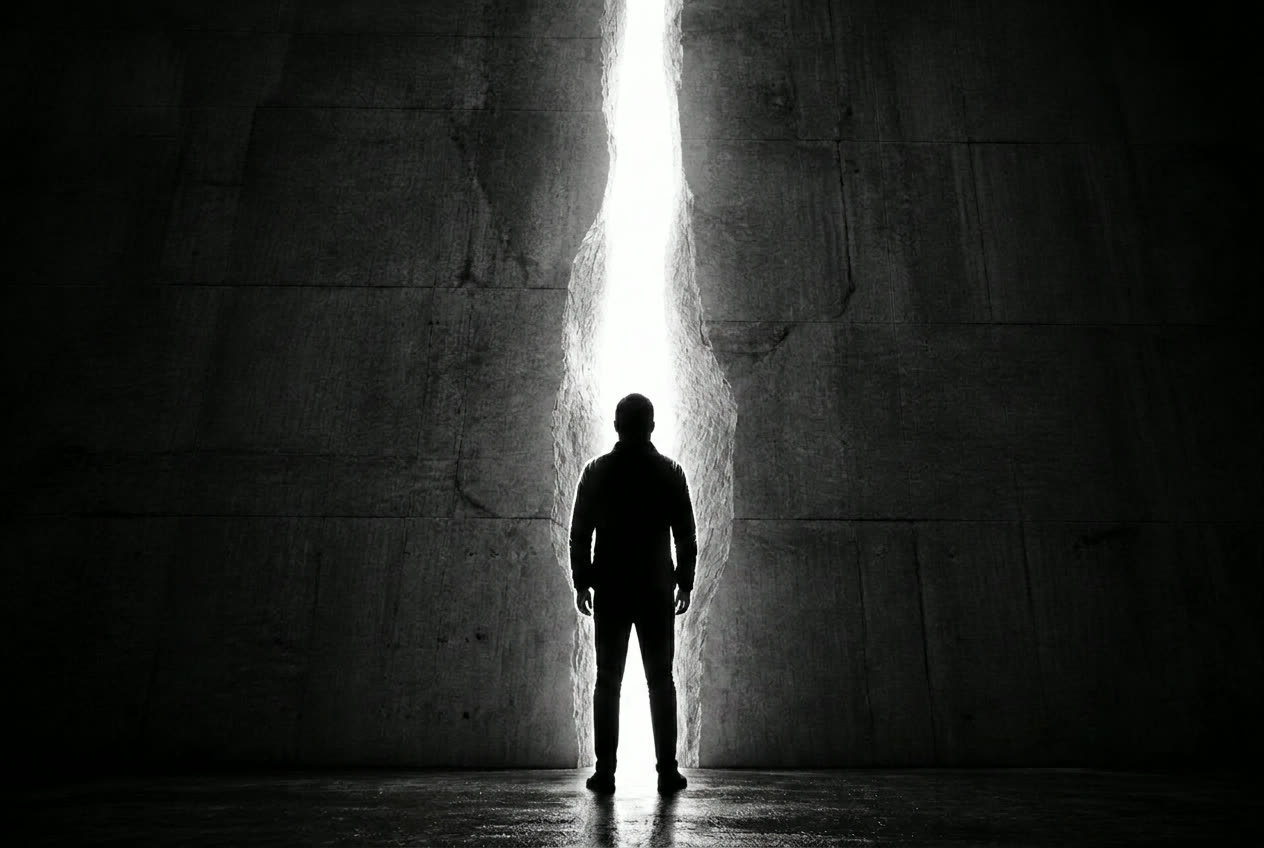 A lone figure standing before an enormous fractured concrete wall split by a narrow opening of light